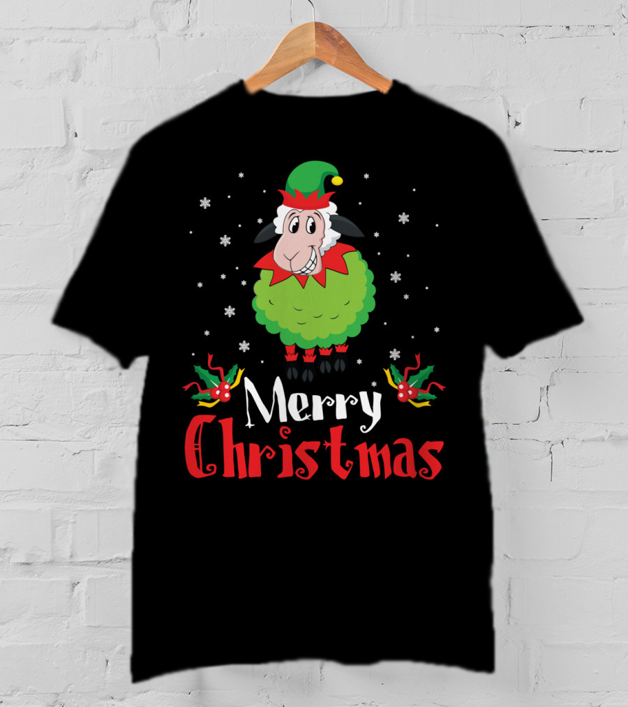 Merry Christmas Sheep In Elf Costume With Snowflakes T-Shirt