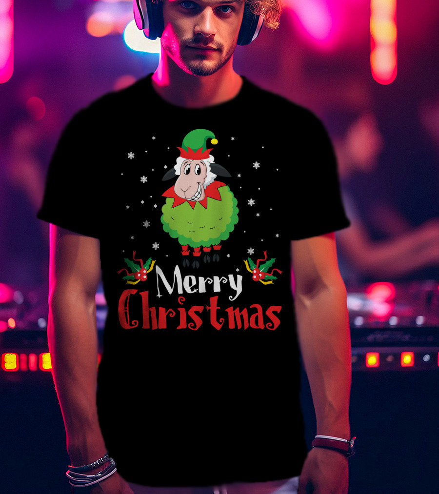 Merry Christmas Sheep In Elf Costume With Snowflakes T-Shirt