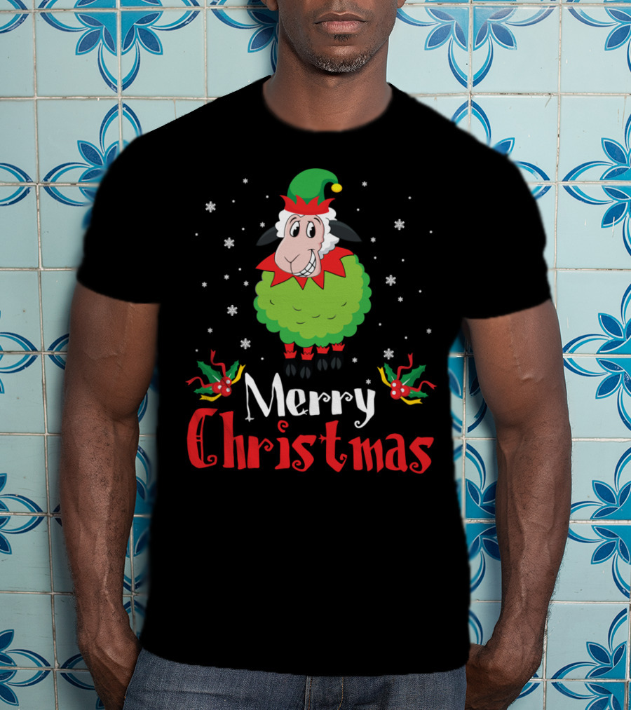Merry Christmas Sheep In Elf Costume With Snowflakes T-Shirt