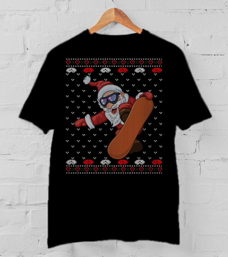 Snowboarding Santa With Goggles In Ugly Christmas T-Shirt