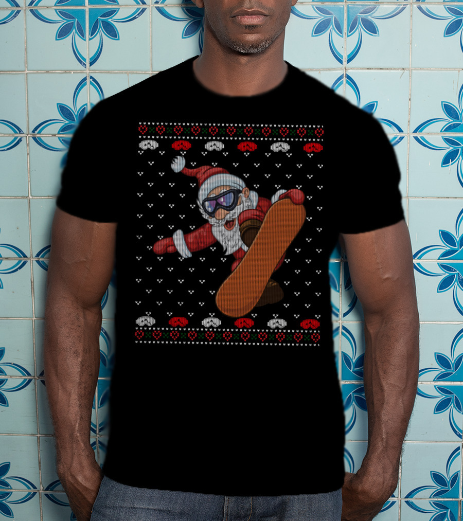 Snowboarding Santa With Goggles In Ugly Christmas T-Shirt
