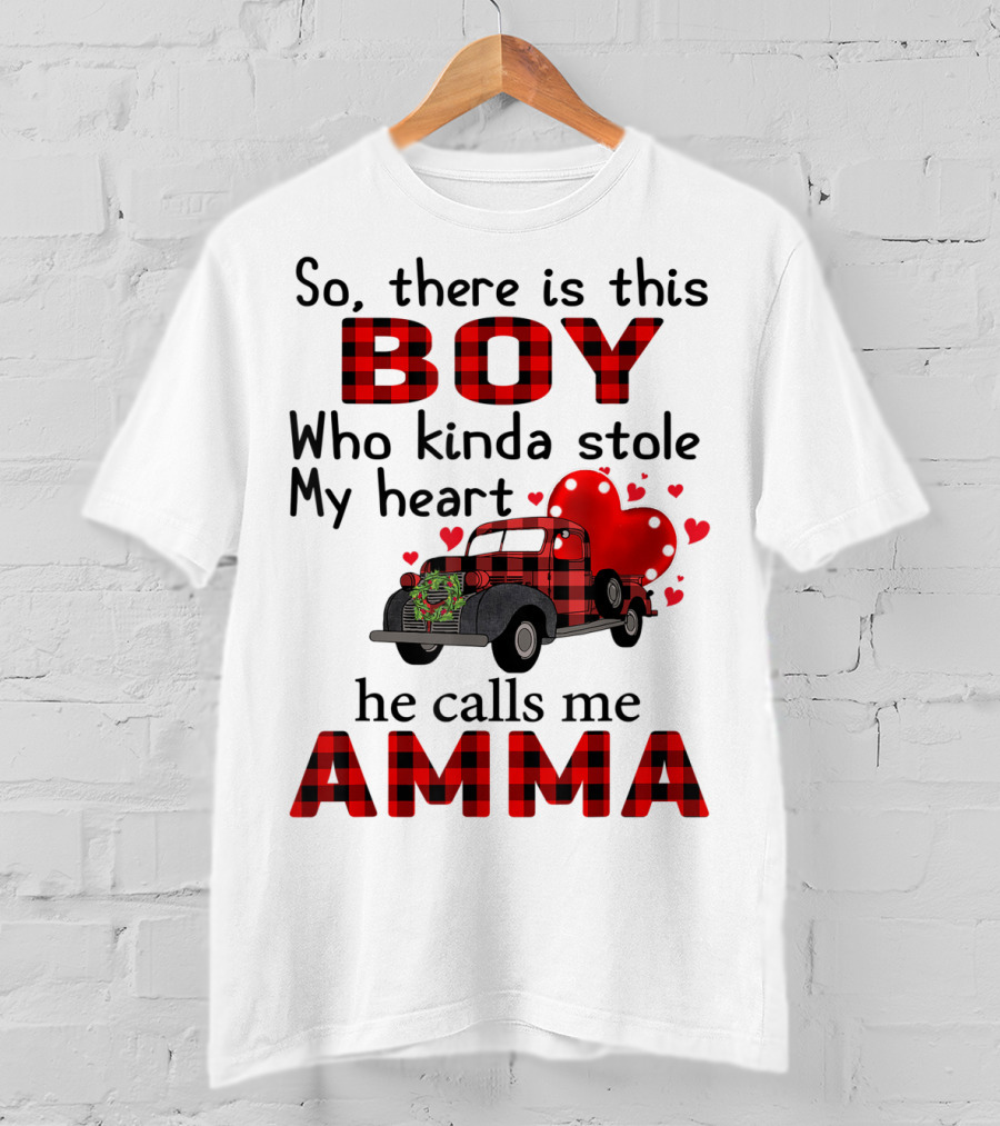 So There Is This Boy Who Kinda Stole My Heart He Calls Me Amma Red Plaid Truck Hearts T-Shirt