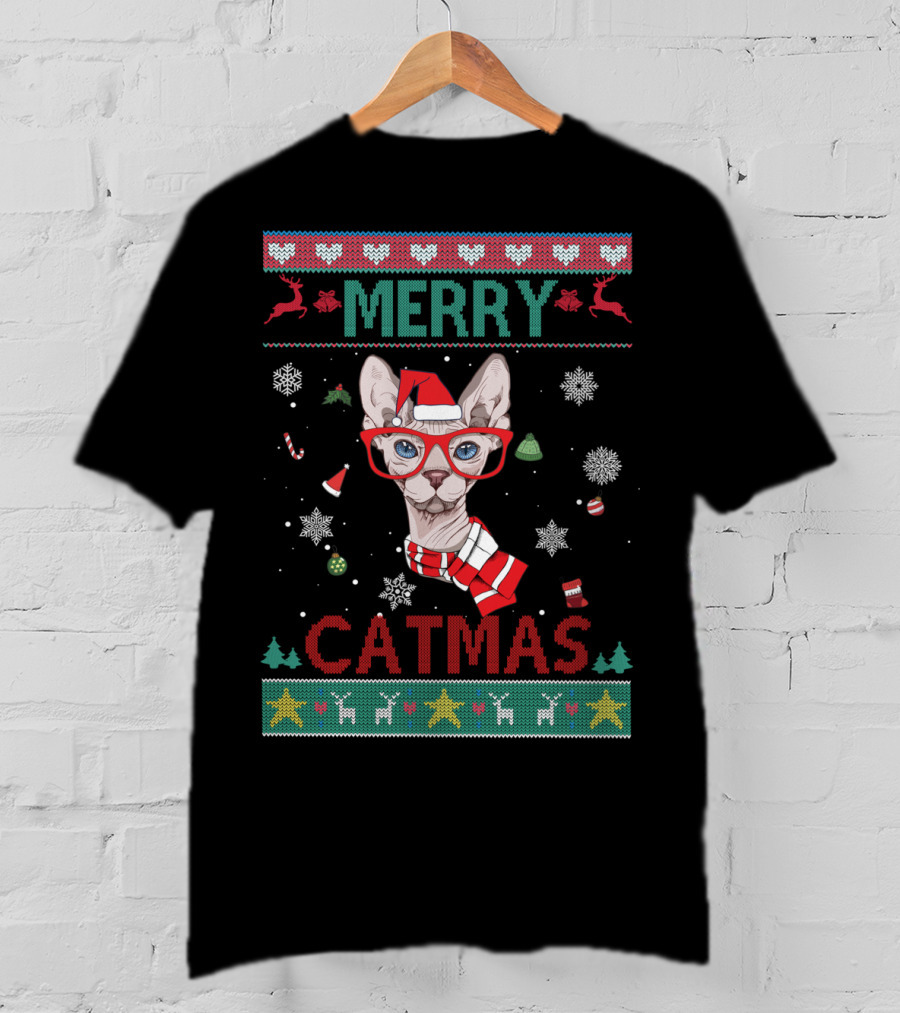 Merry Catmas Sphynx Cat With Santa Hat And Glasses For Christmas T-Shirt