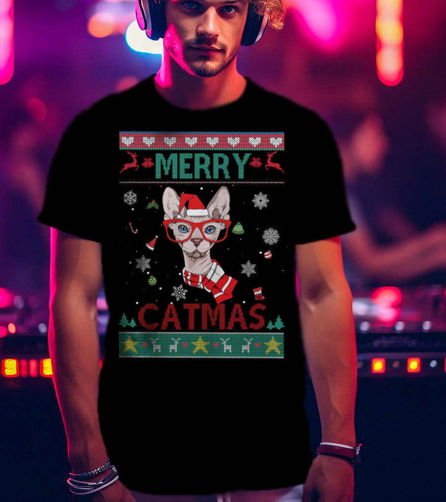 Merry Catmas Sphynx Cat With Santa Hat And Glasses For Christmas T-Shirt