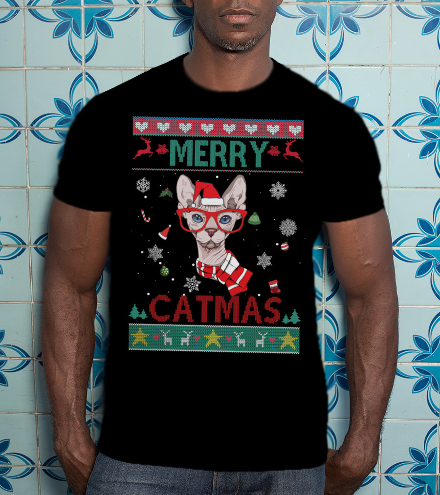 Merry Catmas Sphynx Cat With Santa Hat And Glasses For Christmas T-Shirt