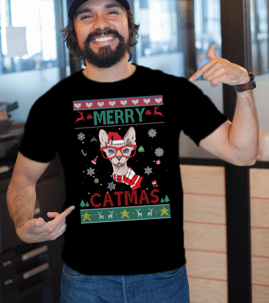 Merry Catmas Sphynx Cat With Santa Hat And Glasses For Christmas T-Shirt