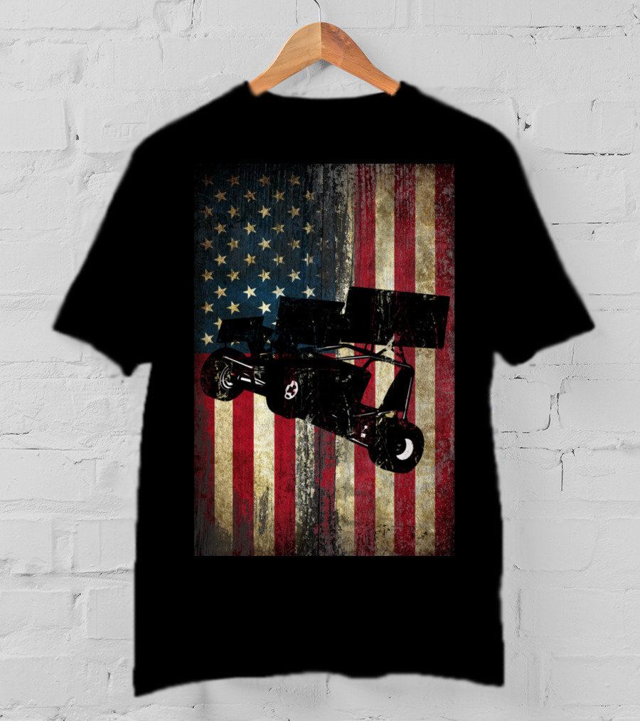 Sprint Car Dirt Track Racing American Flag Background T-Shirt