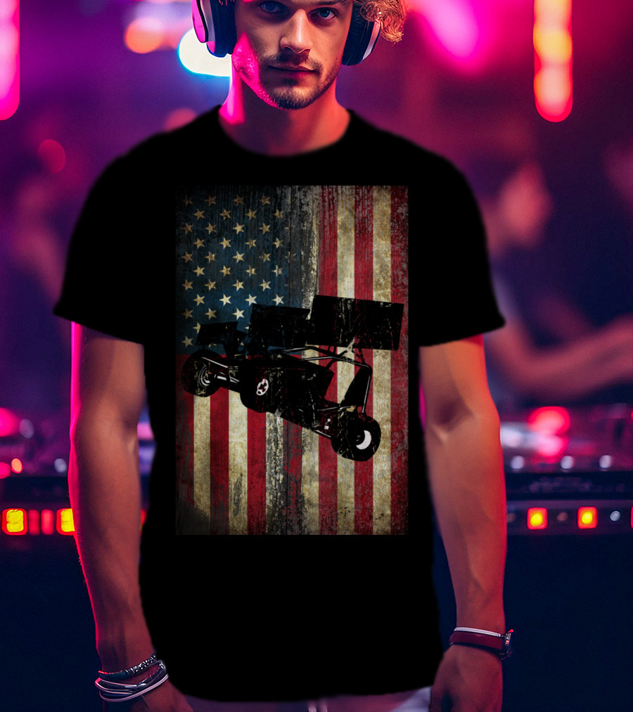 Sprint Car Dirt Track Racing American Flag Background T-Shirt