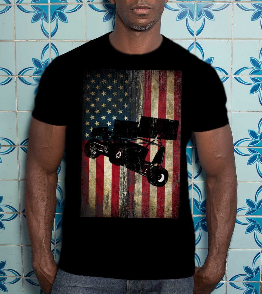 Sprint Car Dirt Track Racing American Flag Background T-Shirt