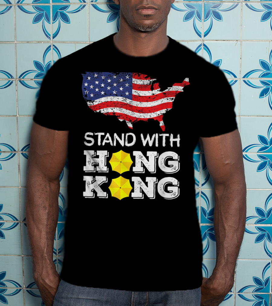 Stand With Hong Kong Strong American Flag Yellow Umbrella T-Shirt
