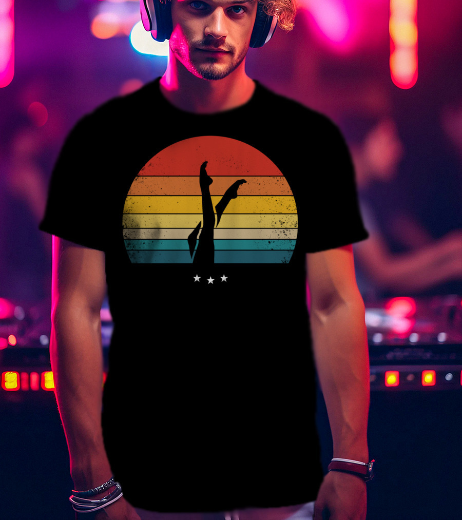 Retro Synchronized Swimming Legs Silhouette With Vintage Sunset Stripes And Stars T-Shirt