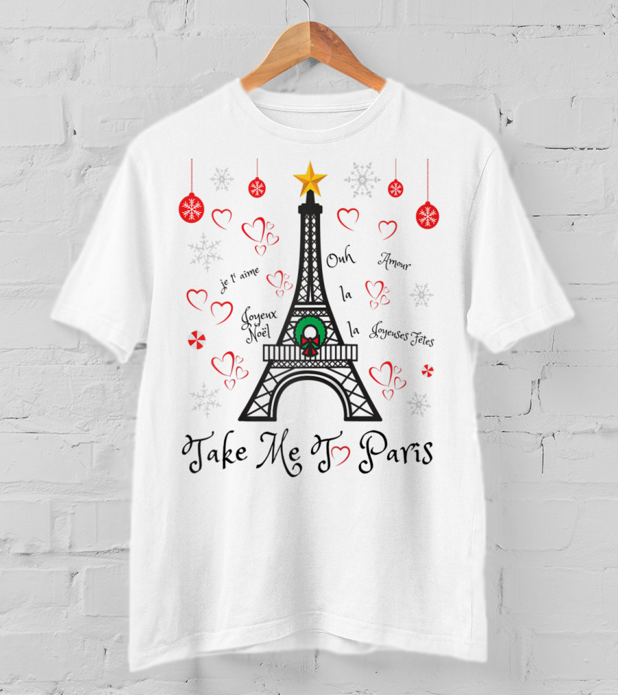 Eiffel Tower Christmas Paris Hearts Snowflakes Holiday T-Shirt