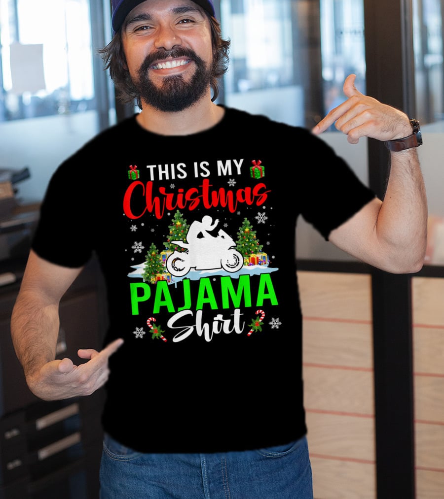 This Is My Christmas Pajama Shirt Snowflakes Motorbike Trees Presents T-Shirt