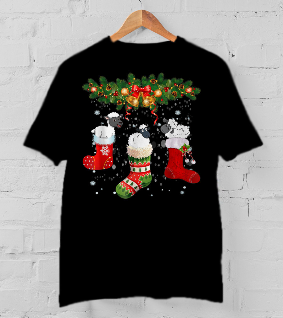Three Sheeps In Christmas Stockings Bells Garland Snowflakes Holiday T-Shirt