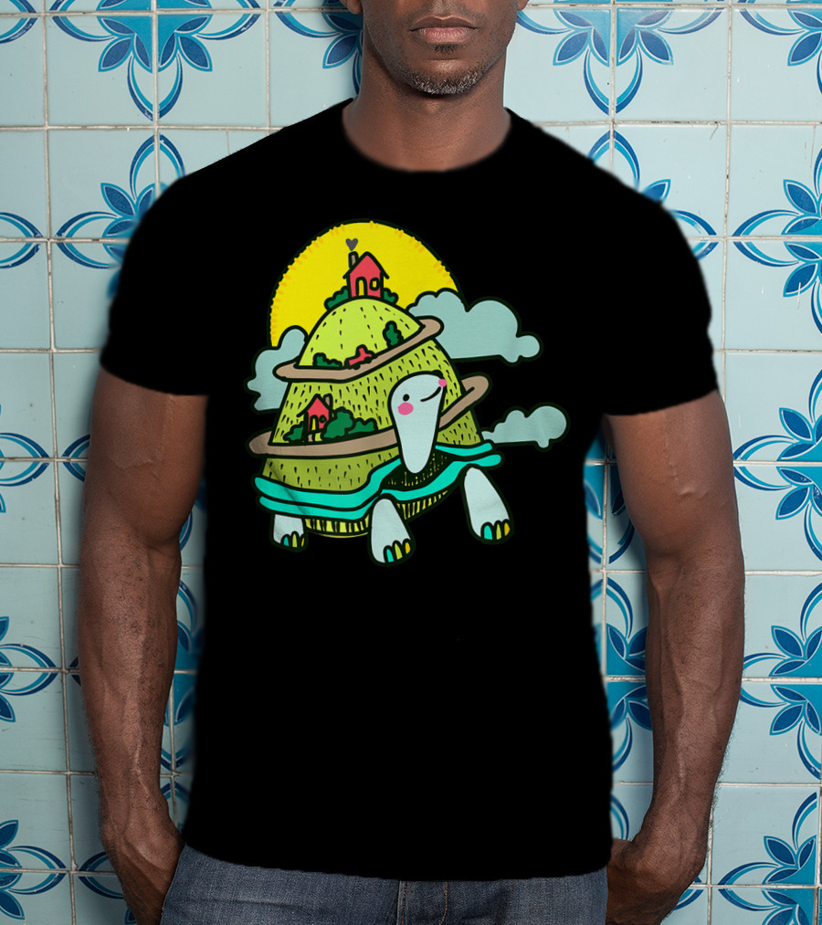 Turtle Life On A Mountain Path With Houses And Sun T-Shirt