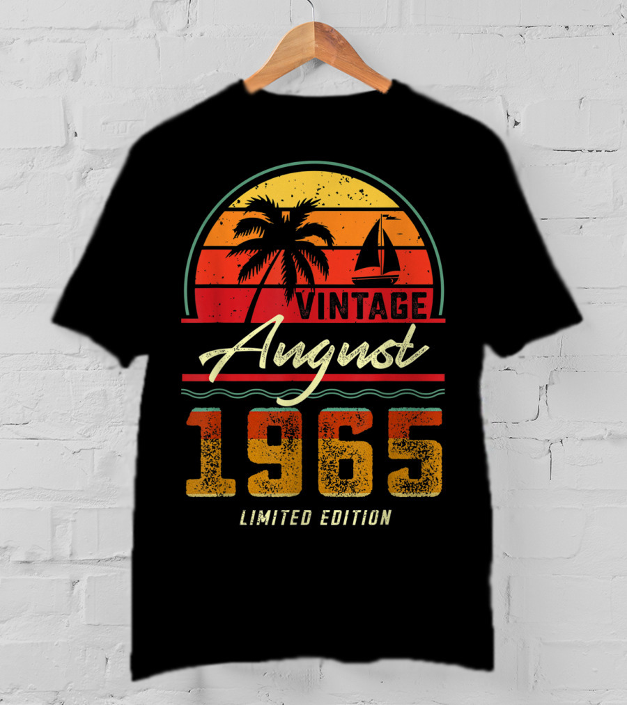 Vintage August 1965 Palm Tree And Sailboat Retro Sunset T-Shirt