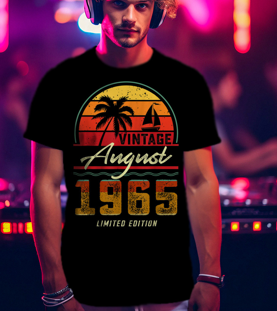 Vintage August 1965 Palm Tree And Sailboat Retro Sunset T-Shirt