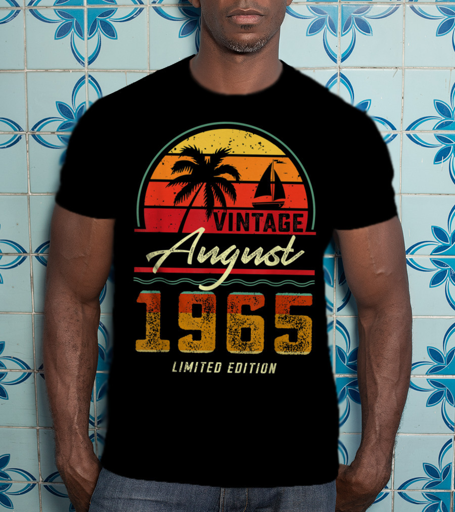 Vintage August 1965 Palm Tree And Sailboat Retro Sunset T-Shirt