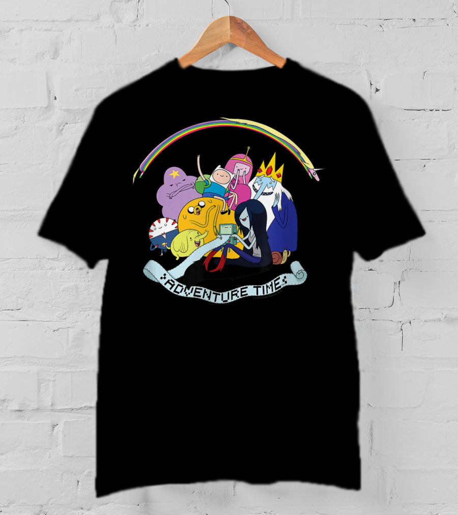 Adventure Time Characters Group With Rainbow And Script Banner T-Shirt
