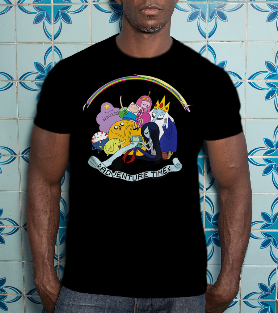 Adventure Time Characters Group With Rainbow And Script Banner T-Shirt