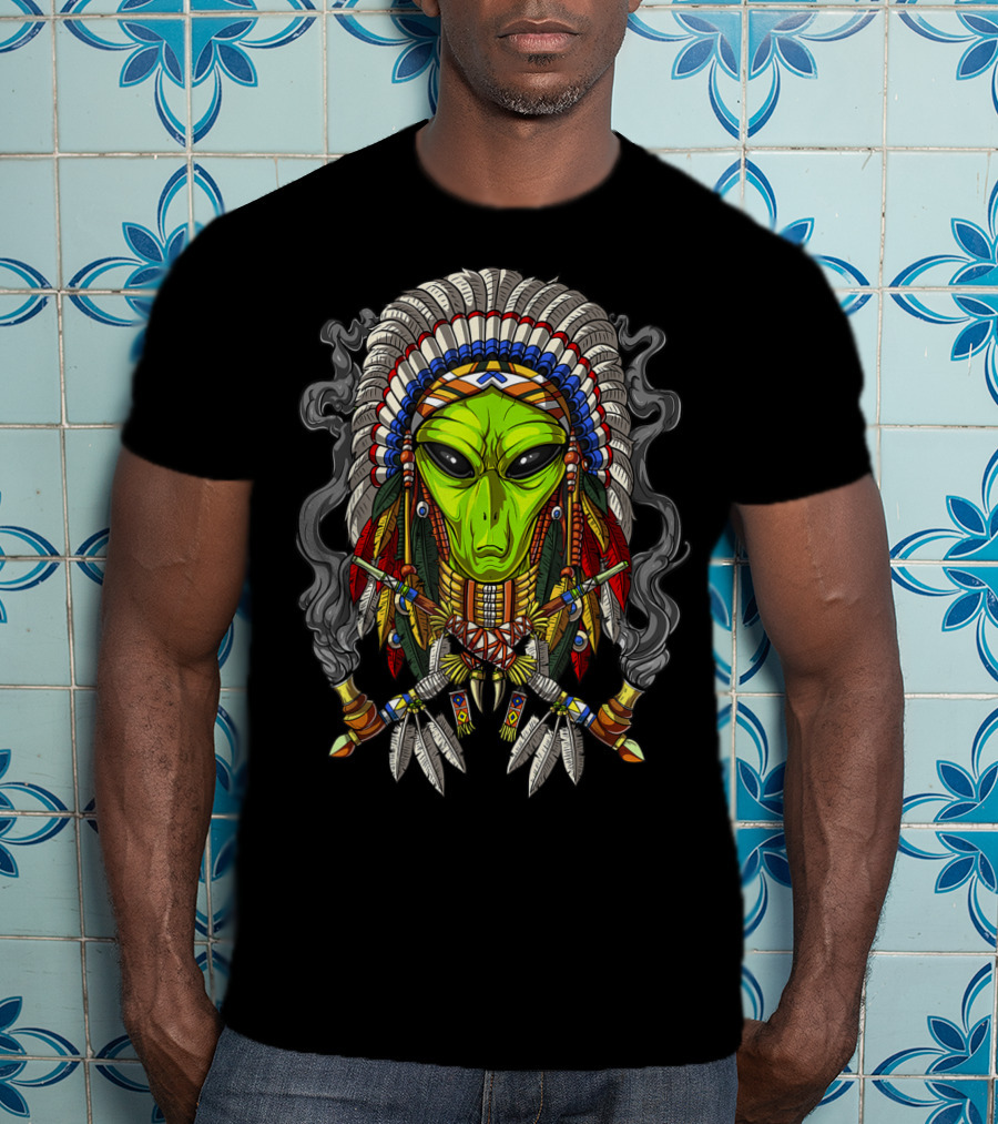 Alien Native American Chief Headdress Smoking Peace Pipes T-Shirt