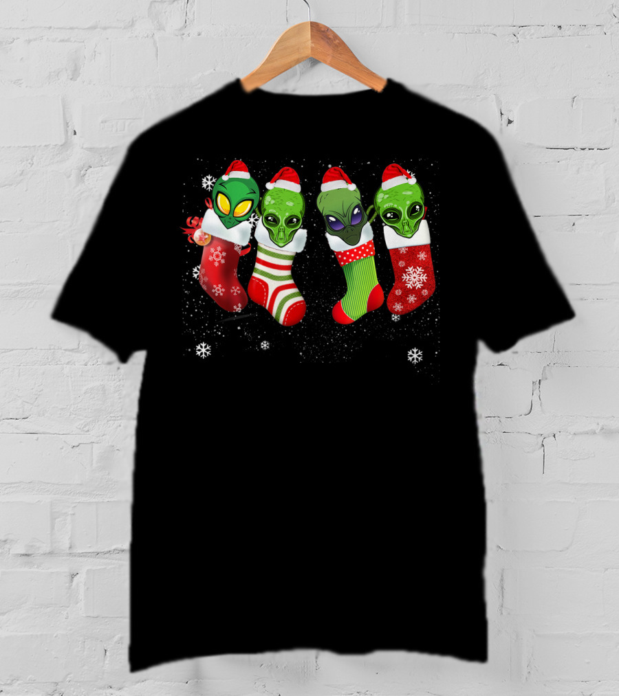 Aliens Wearing Santa Hats In Christmas Stockings With Snowflakes T-Shirt