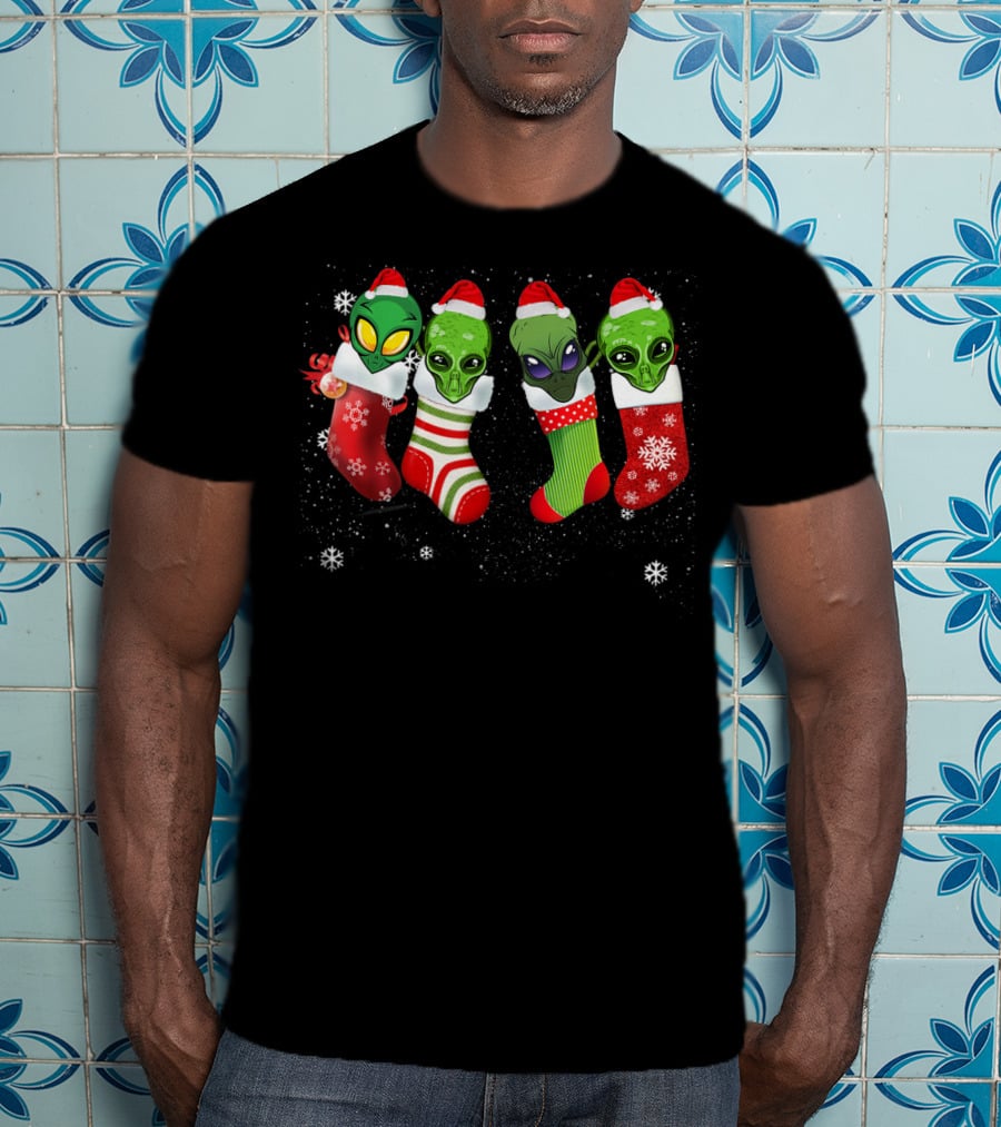 Aliens Wearing Santa Hats In Christmas Stockings With Snowflakes T-Shirt