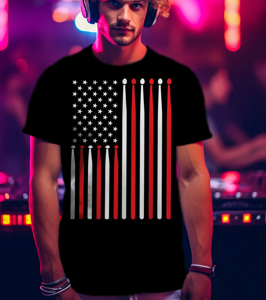 American Flag Drumsticks USA Drummer Musicians Patriotic T-Shirt