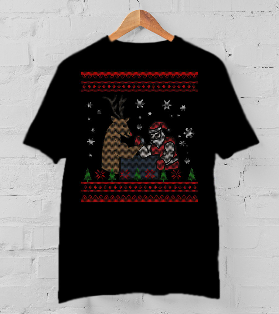 Arm Wrestling Santa Reindeer Funny Workout Gym Christmas T-Shirt