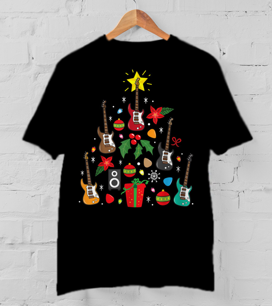Bass Guitar Christmas Ornament Tree Music Holiday Festive Lights And Presents T-Shirt