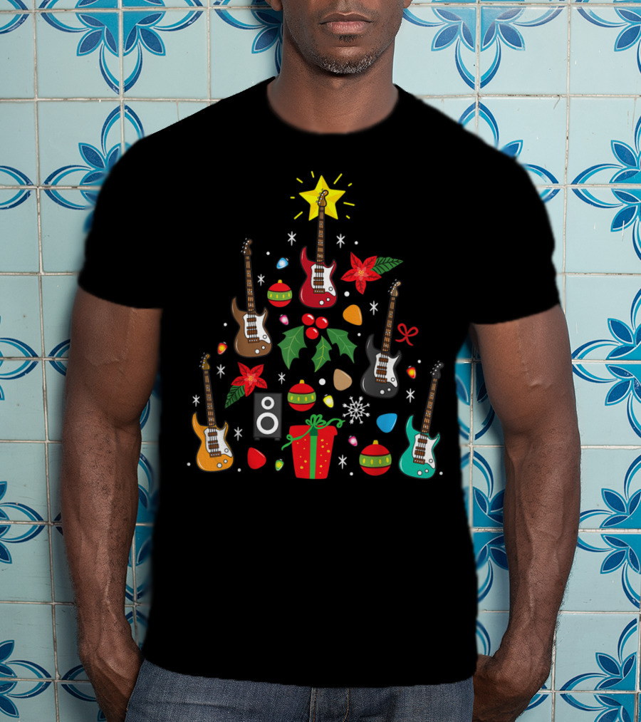 Bass Guitar Christmas Ornament Tree Music Holiday Festive Lights And Presents T-Shirt