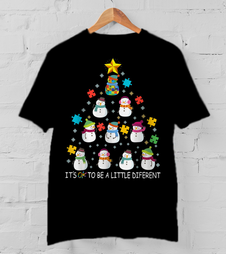 IT'S OK TO BE A LITTLE DIFERENT Snowman Autism Puzzle Tree T-Shirt