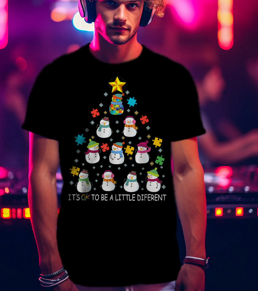 IT'S OK TO BE A LITTLE DIFERENT Snowman Autism Puzzle Tree T-Shirt