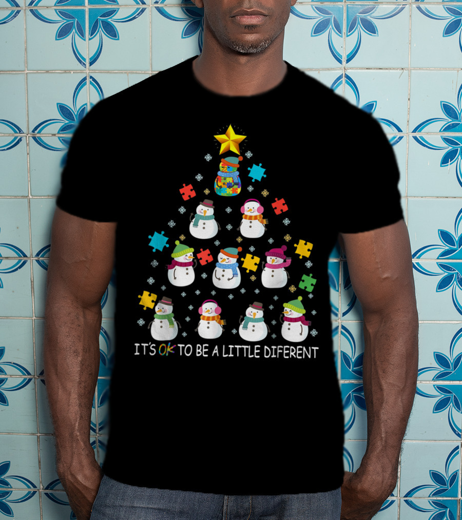 IT'S OK TO BE A LITTLE DIFERENT Snowman Autism Puzzle Tree T-Shirt