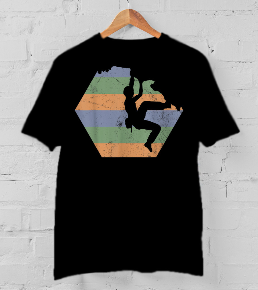 Bouldering Rock Climbing Climber Silhouette With Stripes T-Shirt