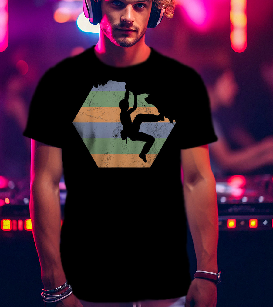 Bouldering Rock Climbing Climber Silhouette With Stripes T-Shirt
