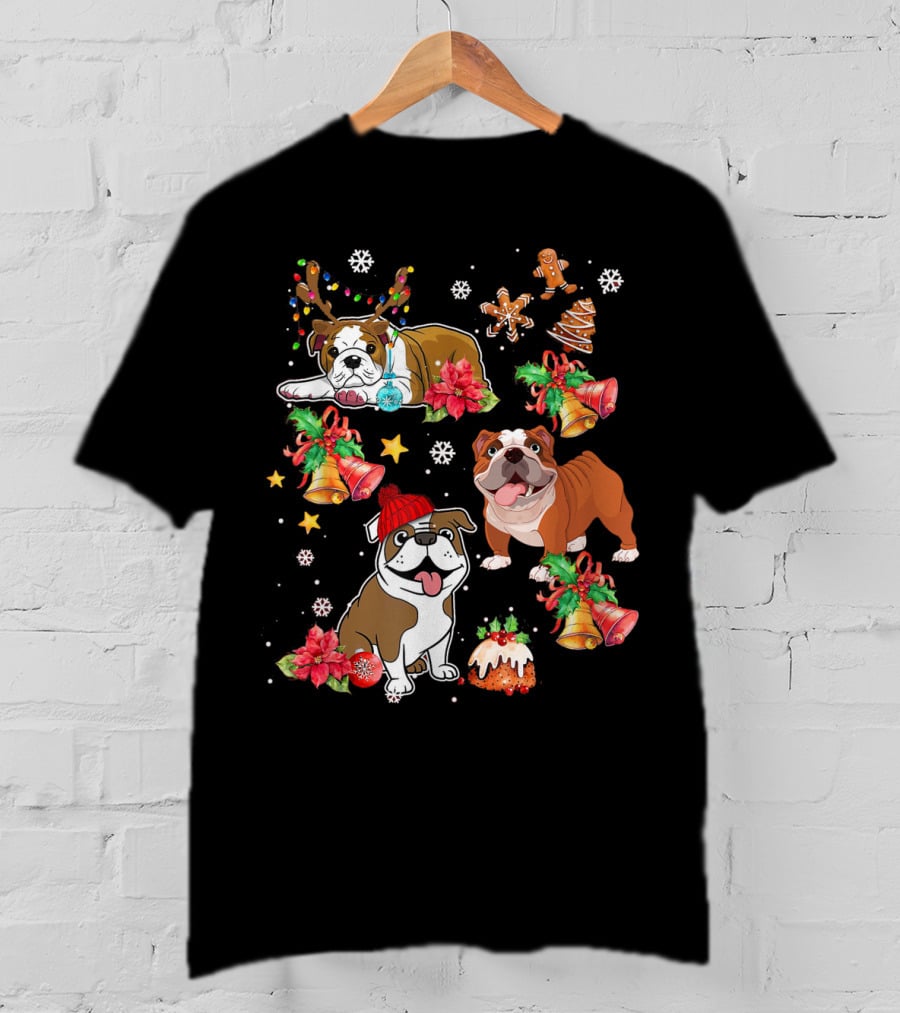 Bulldog Christmas Ornament Decoration With Bells And Gingerbread T-Shirt