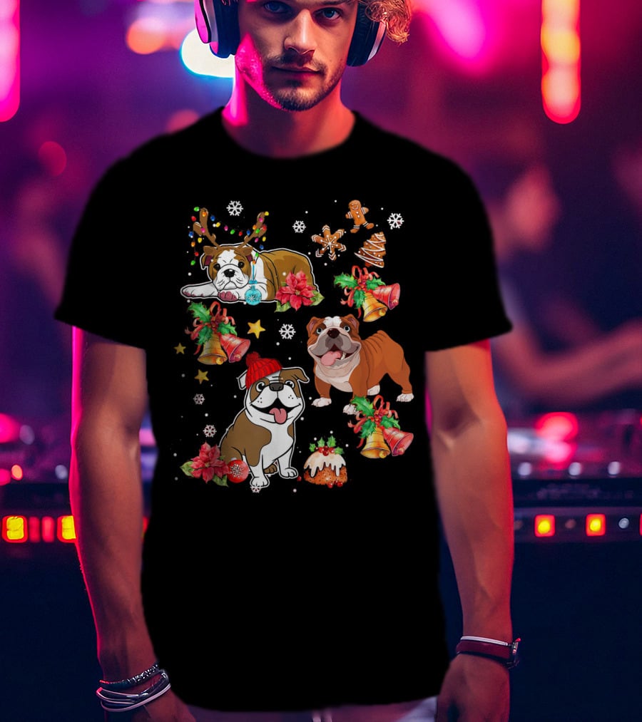 Bulldog Christmas Ornament Decoration With Bells And Gingerbread T-Shirt