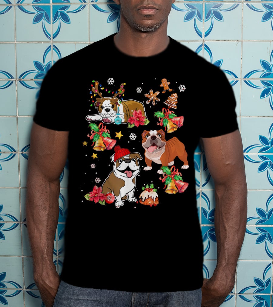 Bulldog Christmas Ornament Decoration With Bells And Gingerbread T-Shirt