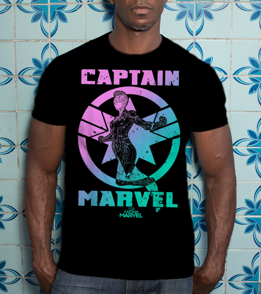 Captain Marvel Star Emblem Spectrum Heroine Pose T-Shirt