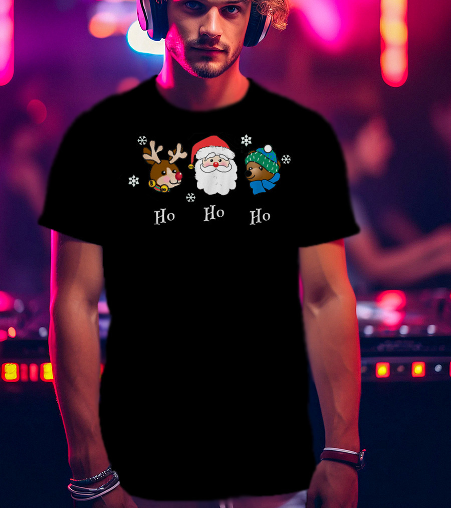 Christmas Ho Ho Ho Santa Reindeer Bear Snowflakes Fun Friendly T-Shirt