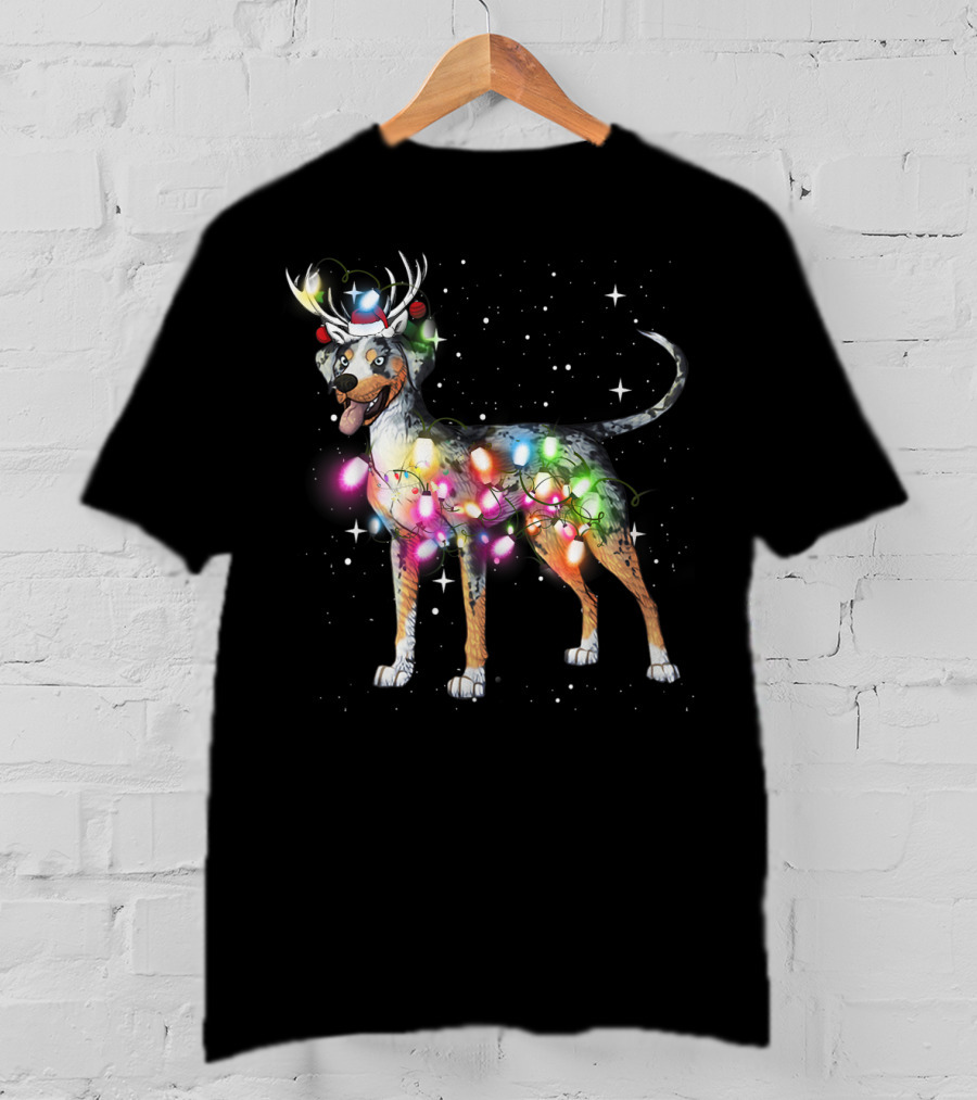 Catahoula Leopard Dog Wrapped In Christmas Lights With Reindeer Antlers And Santa Hat T-Shirt