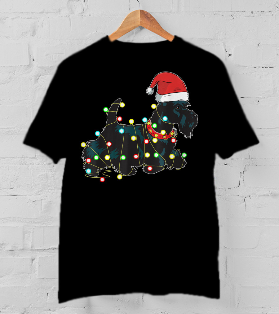 Scottish Terrier Wrapped In Christmas Lights And Santa Hat T-Shirt