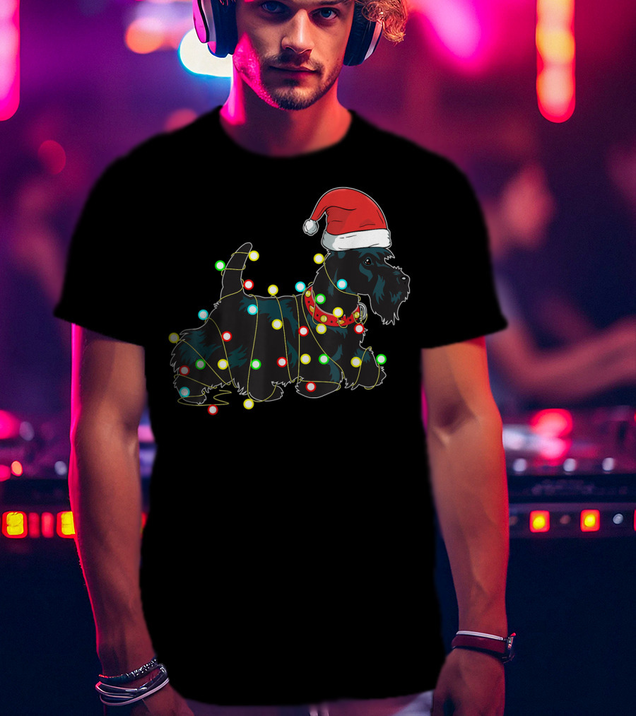 Scottish Terrier Wrapped In Christmas Lights And Santa Hat T-Shirt