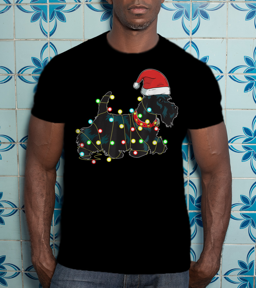 Scottish Terrier Wrapped In Christmas Lights And Santa Hat T-Shirt