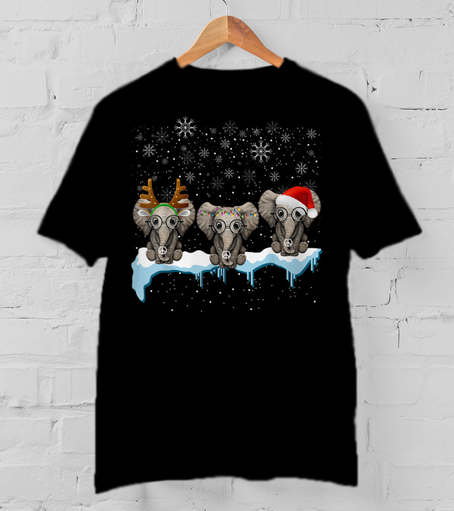Christmas Three Hippie Elephants With Reindeer Antlers Santa Hat Peace Signs Snowflakes T-Shirt
