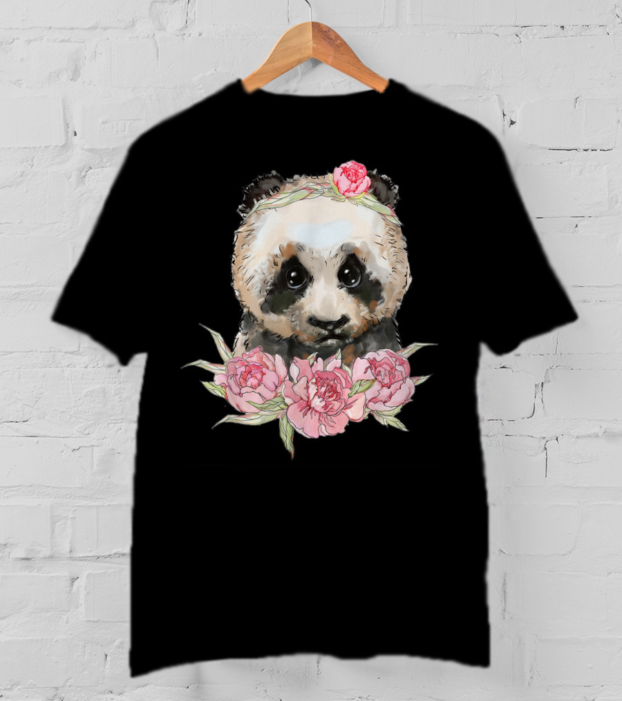 Baby Panda Bear With Pink Flower Crown And Blossoms T-Shirt