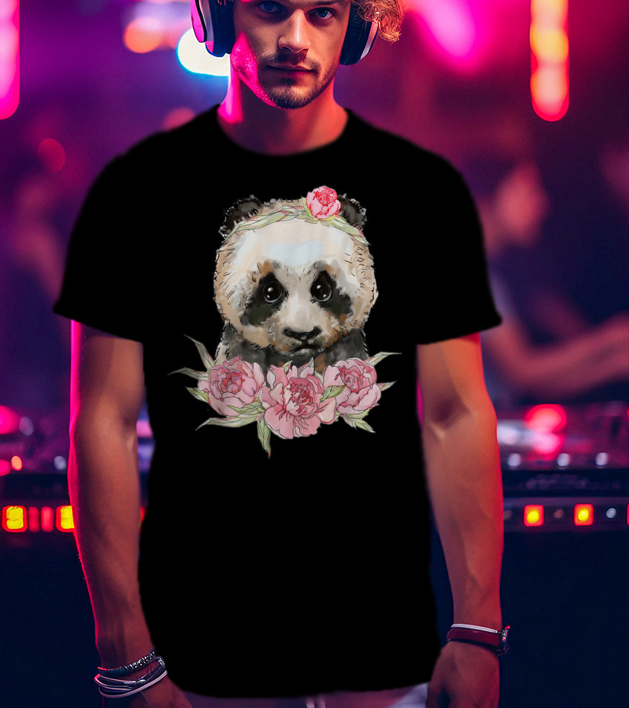 Baby Panda Bear With Pink Flower Crown And Blossoms T-Shirt