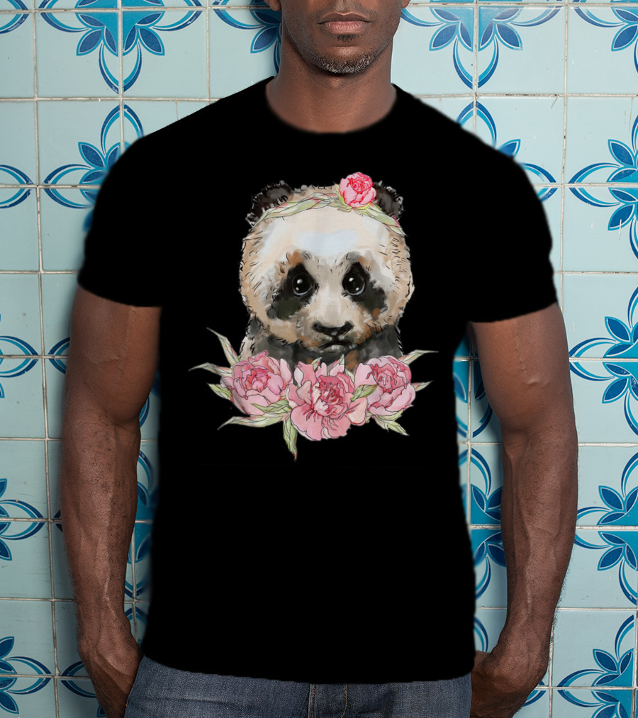 Baby Panda Bear With Pink Flower Crown And Blossoms T-Shirt