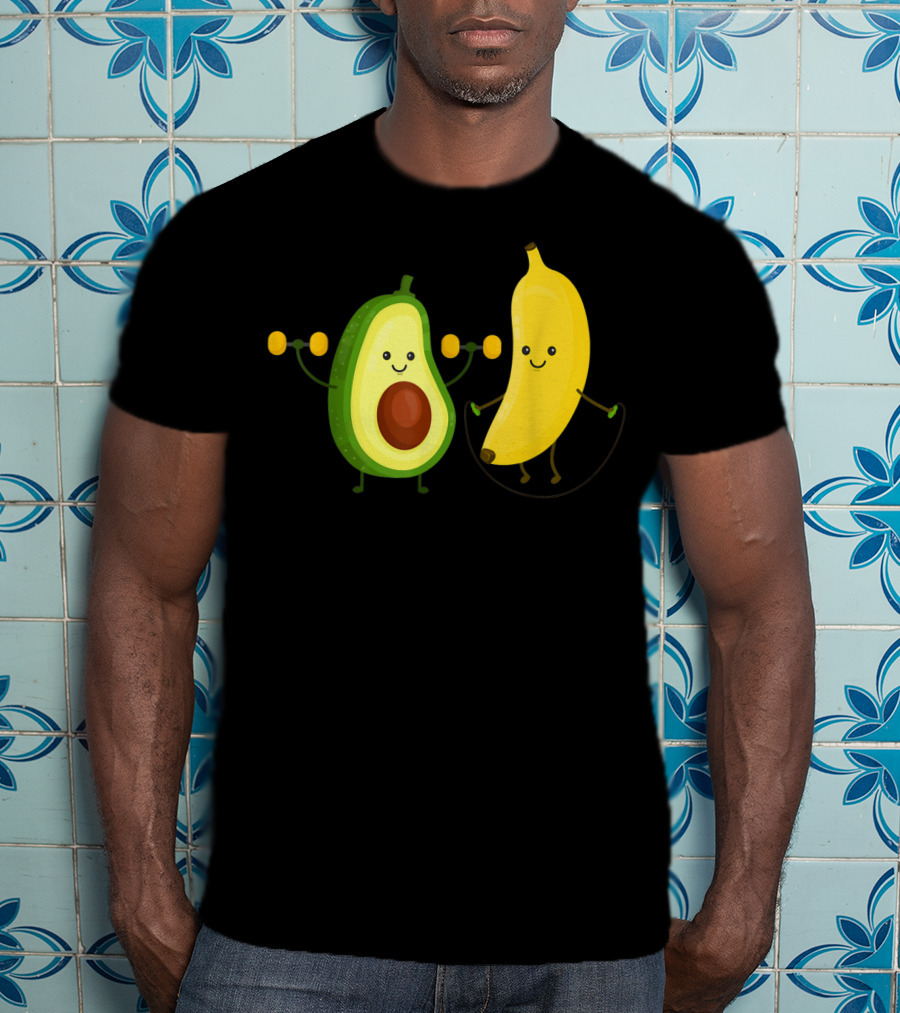 Cute Happy Smiling Banana And Avocado Exercising Together T-Shirt